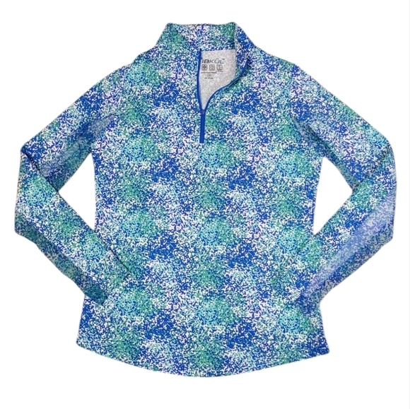 Ibkul Long Sleeve Zip Mock Neck Painted Blue Green Sun Shirt Women's Size XS - Picture 2 of 9